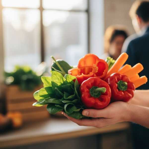 Hands holding a variety of fresh, colorful vegetables representing essential nutrients.