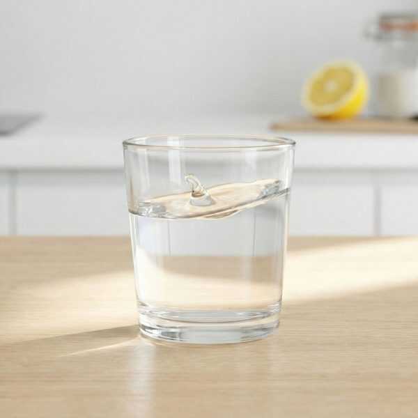 Clear glass of water with a splash on a wooden table.