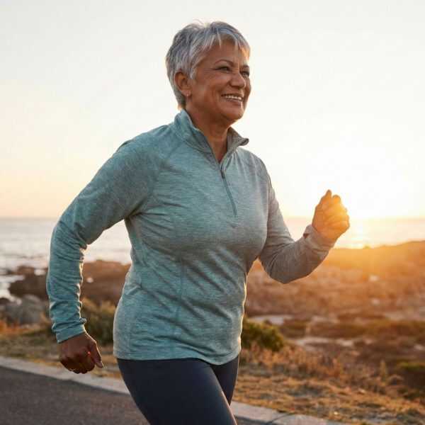Active senior citizen walking outdoors during sunset.