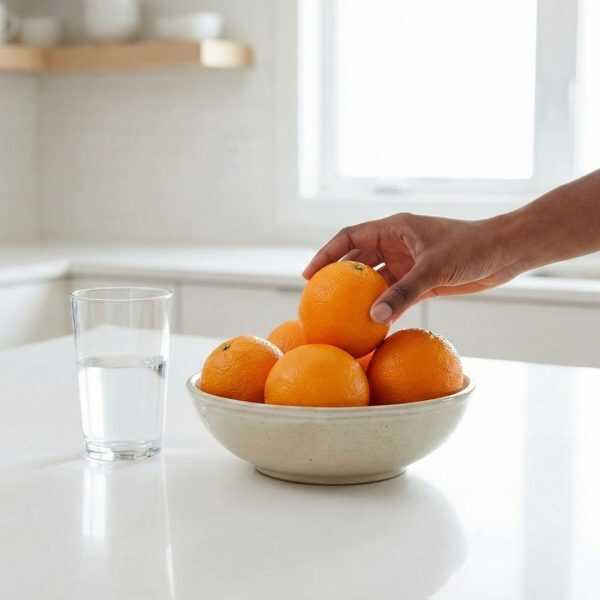 Hand reaching for a fresh orange in a kitchen setting.